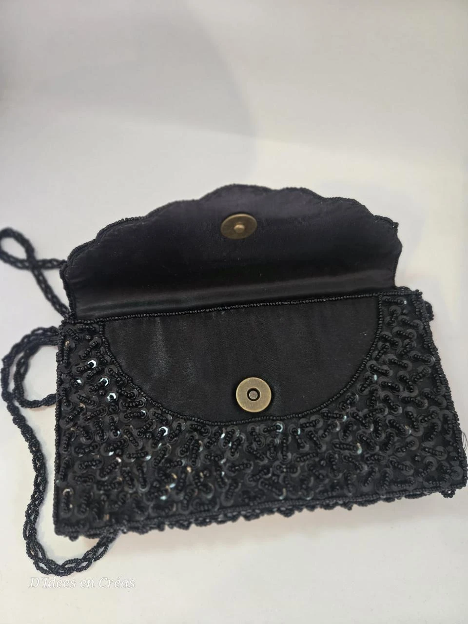 Pochette de soirée noire perlée vintage – Sac bandoulière à perles